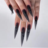 Cifeeo-Halloween Nails 24Pcs Halloween Dark French False Nails Long Pointed  Black Wind High Nail Art Fake Nail Stickers For Women and Girls Nail Art