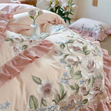 Cifeeo-4Pcs Luxury Flowers Embroidery Ruffles Princess Bedding Set 1000TC Egyptian Cotton Brushed Duvet Coves Set Bed Sheet Pillowcases