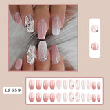 Cifeeo 24Pcs Long Coffin False Nails with Glue Wearable Brown Fake Nails with   Rhinestones Ballet Press on Nails Full Cover Nail Tips