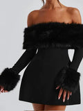 Cifeeo-new years eve outfits Christmas party outfits Women Black Fluffy Faux Fur Backless Mini Dress Fashion Strapless High A-neck Slim Dresses 2024 New Lady Party Gown Vestidos