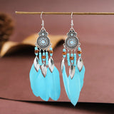 Cifeeo-Christmas Gift New Year's Eve Gift Bohemian Ethnic Feather Drop Earrings For Women Elegant Wood Beads Leaf Long Tassels Dangle Earring Girls Fashion Party Jewelry