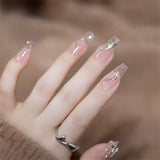 Cifeeo 24pcs Nude False Nails With Rhinestones French Fake Fingernails Long Coffin Ballet Wearable Press On Nails Full Cover Nail Tips