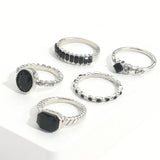 Cifeeo-Christmas Gift New Year's Eve Gift Retro Black Crystal Stone Ring Set For Women Vintage Geometric Knuckle Joint Ring Female Fashion Party Jewelry Accessories