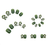 Cifeeo- 24pcs Detachable False Nails Green Lattice Short Fake Nails With Designs Bow Flower Decal Square Level Nail Tips