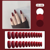 Cifeeo 24pcs/set Gorgeous Wine Red False Nails With Glue Middle Long Round Head Press On Nail Tips Finished Fake Nail Artificial Nails