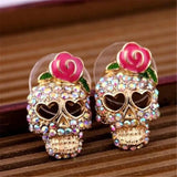 Cifeeo-Halloween Jewelry Vintage Skeleton Pink Rose Flower Stud Earrings For Women Shiny Rhinestone Crystal Skull Earring Halloween Party Ear Jewelry