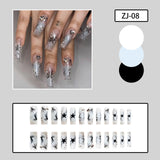 Cifeeo Fall/Winter Ambiance  24pcs/box Rhinestones Fake Nails Press On Long Coffin Ballerina Nail Tips Wearable Dark Black Star French False Nails For Girls