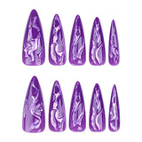 Cifeeo-Halloween Nails 24Pcs Halloween Fake Nail Purple Magic Mirror Powder 3D Press on Nail Long Pointed Style European and American False Nail