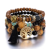 Cifeeo-Christmas Gift New Year's Eve Gift Boho Tree Of Life Bracelet Set For Women Fashion Tassels Charm Wooden Beads Elastic Chain Bangle Girl Trendy Party Jewelry