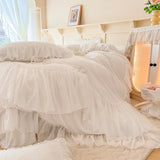 Cifeeo-Autumn and Winter Bedding Set Romantic French Lace Ruffles Wedding Bedding Set, Soft Comfortable Velvet Duvet Cover, Bed Skirt, Bedspread, Pillowcases, 4Pcs