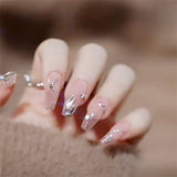 Cifeeo 24pcs Nude False Nails With Rhinestones French Fake Fingernails Long Coffin Ballet Wearable Press On Nails Full Cover Nail Tips