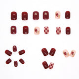 Cifeeo- Wine Red Checkerboard Fake Nails Art Nail Tips Press on False Nail Set Full Cover Artificial Short Head 24pcs/pack