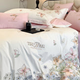 Cifeeo-100% Egyptian Cotton Bedding Set with Flowers Embroidery, Duvet Cover, Bed Sheet, Fitted Sheet, Pillowcases, White, Pink