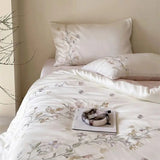 Cifeeo-Flowers Embroidery Luxury Bedding Set 600TC Lyocell Bamboo Fiber Soft Silky Duvet Cover Flat/Fitted Bed Sheet Pillowcases 4Pcs
