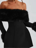 Cifeeo-new years eve outfits Christmas party outfits Women Black Fluffy Faux Fur Backless Mini Dress Fashion Strapless High A-neck Slim Dresses 2024 New Lady Party Gown Vestidos