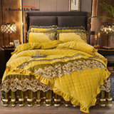 Cifeeo-European Luxury Crystal Velvet Bedding Set, Quilted Embroidery Duvet Cover, Black Gold Lace Ruffles, Bed Skirt, Pillowcases