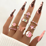 Cifeeo-Christmas Gift New Year's Eve Gift Bohemia Geometric Colorful Enamel Kunckle Ring Set For Women Butterfly Heart Sign Finger Ring Female Daily Jewelry