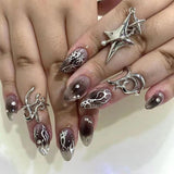 Cifeeo Fall/Winter Ambiance  24pcs Fake Nails Press on Nails Y2k Korean False Nails Set Rhinestone Wearable Artificial Nails Reusable Long Coffin French Tips