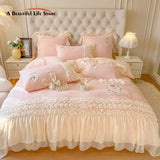 Cifeeo-Autumn and Winter Bedding Set Pink Romantic French Rose Bedding Set, Velvet Fleece Duvet Cover, Lace Ruffles, Flowers Embroidery, Bed Sheet, Pillowcases