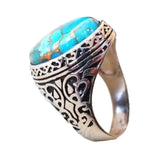 Cifeeo-1 Pc Vintage Pattern Imitation Turquoise Antique Silver Color Ring Men Woman Party Prom Gift Size 6-10 Closed Ring Jewelry