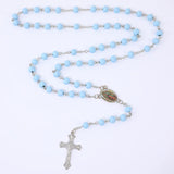 Cifeeo-Christmas Gift New Year's Eve Gift Blue Rosary Necklace For Women Men 6MM Wooden Prayer Beads Long Chain Religious Virgin Mary Cross Pendant Men Party Jewelry Gift