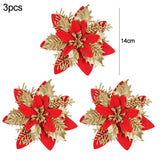 Cifeeo-3Pcs 14cm Christmas Flowers Glitter Artificial Red Gold Flower Head Berry DIY Xmas Tree Ornament Decorations for Home New Year