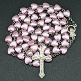 Cifeeo-Christmas Gift New Year's Eve Gift Christian Rosary Beads Necklace For Women Cross INRI Virgin Mary Pendant Pink Heart Chain Female Religion Prayer Party Jewelry