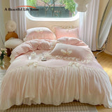 Cifeeo-Autumn and Winter Bedding Set Pink Romantic Lace Ruffles with Bow, French Princess Bedding Set, Plush, Warm Velvet, Fleece Duvet Cover, Bed Sheet, Pillowcases