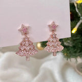 Cifeeo-Christmas gifts Pink Sparkling Zircon Christmas Tree Earrings For Women Full Rhinestone Xmas Tree Dangle Earring Girls Holiday Versatile Jewelry