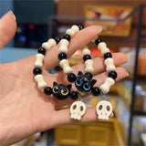 Cifeeo-Halloween Jewelry Black Cat White Head Skeleton Bracelet Cute Cat Claw Bone Resin Beads Braided Rope Stretch Bangle Hallowmas Festival Jewelry