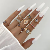 Cifeeo-Christmas Gift New Year's Eve Gift Bohemia Geometric Colorful Enamel Kunckle Ring Set For Women Butterfly Heart Sign Finger Ring Female Daily Jewelry