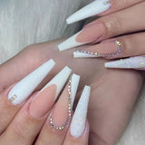 Cifeeo- 24pcs White Small Diamonds Detachable Long Ballerina False Nails With Design Wearable Fake Nails Full Cover Nail Tips