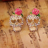 Cifeeo-Halloween Jewelry Vintage Skeleton Pink Rose Flower Stud Earrings For Women Shiny Rhinestone Crystal Skull Earring Halloween Party Ear Jewelry