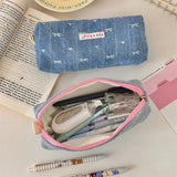 Cifeeo-Back To School Gifts Denim Pencil Case Girls School Supplies Pencilcase Large Capacity Piornik Szkolny Ribbon Bow Cute Stationery Pencil Pouch