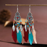 Cifeeo-Christmas Gift New Year's Eve Gift Bohemian Ethnic Feather Drop Earrings For Women Elegant Wood Beads Leaf Long Tassels Dangle Earring Girls Fashion Party Jewelry