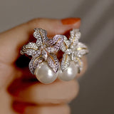 Cifeeo  Gorgeous Flower Imitation Pearl Earrings Women Luxury Inlaid Sparkling CZ Stone Fashion Wedding Jewelry Wholesale Lots