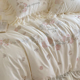 Cifeeo-Romance Vintage Rose Flowers Embroidery Lace Ruffles Bedding Set, Duvet Cover, Bed Sheet, Pillowcases, 1000TC Egyptian Cotton