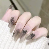 Cifeeo Long Coffin Ballet Fake Nail Wedding Vintage Wine Red Bride False Nails Press On With Ink Pattern Design Wearable Full Nail Tips