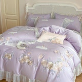 Cifeeo-Rose Flowers Embroidery Lace Ruffles Bedding Set Lyocell Cotton Soft Silky Cooling Duvet Cover Flat/Fitted Bed Sheet Pillowcases