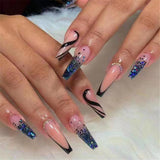 Cifeeo Long Ballerina Fake Nails With Designs Fashion Dark Blue Glitter Manicure French Coffin False Nails Patches Press On Nails