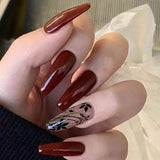 Cifeeo Long Coffin Ballet Fake Nail Wedding Vintage Wine Red Bride False Nails Press On With Ink Pattern Design Wearable Full Nail Tips