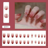 Cifeeo- 24Pcs/Set Short Ballet Fake Nails Butterfly Peach Nails Arts Manicure False Nails With Design With Wearing Tools