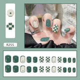 Cifeeo- Press On Nails Green Grid Nail Patch Retro Blue Brown Short Nail Tips French Style Removable 24pcs False Nail With Wearing Tools