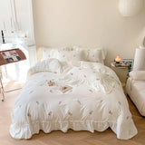 Cifeeo-Rose Flowers Embroidery Ruffle Lace Bedding Set for Girls, Washed Cotton Duvet Cover, Skin Friendly, Bed Sheet, Pillowcases