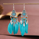 Cifeeo-Christmas Gift New Year's Eve Gift Bohemian Ethnic Feather Drop Earrings For Women Elegant Wood Beads Leaf Long Tassels Dangle Earring Girls Fashion Party Jewelry