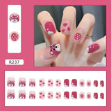 Cifeeo- 24pcs/box Fake Nails Press on Short Reusable False Nail Set Bear Strawberry Artificial Pink False Tipsy Stick-on Nails Tips Art