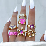 Cifeeo-Christmas Gift New Year's Eve Gift Bohemia Geometric Colorful Enamel Kunckle Ring Set For Women Butterfly Heart Sign Finger Ring Female Daily Jewelry