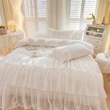 Cifeeo-Autumn and Winter Bedding Set Soft Velvet Fleece Winter French Wedding Bedding Set Three Layers Chiffon Lace Ruffles Rose Duvet Cover Bed Skirt Pillowcases