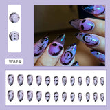 Cifeeo-Halloween Nails 2023 Halloween False Nails Moon Star Printed Purple Almond Fake Nail Patch Press on Nails Artificial Nail accessories