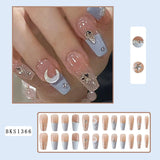 Cifeeo 24Pcs Long Coffin False Nails with Glue Wearable Brown Fake Nails with   Rhinestones Ballet Press on Nails Full Cover Nail Tips